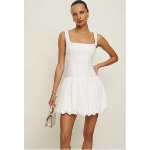 Reformation Delia Linen Dress Bubble Skirt Drop Waist White Size 12 Coastal Chic